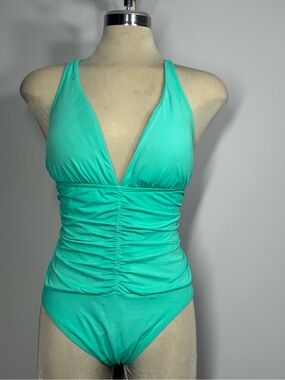 La Blanca Teal Halter Ruched One-Piece Swimsuit